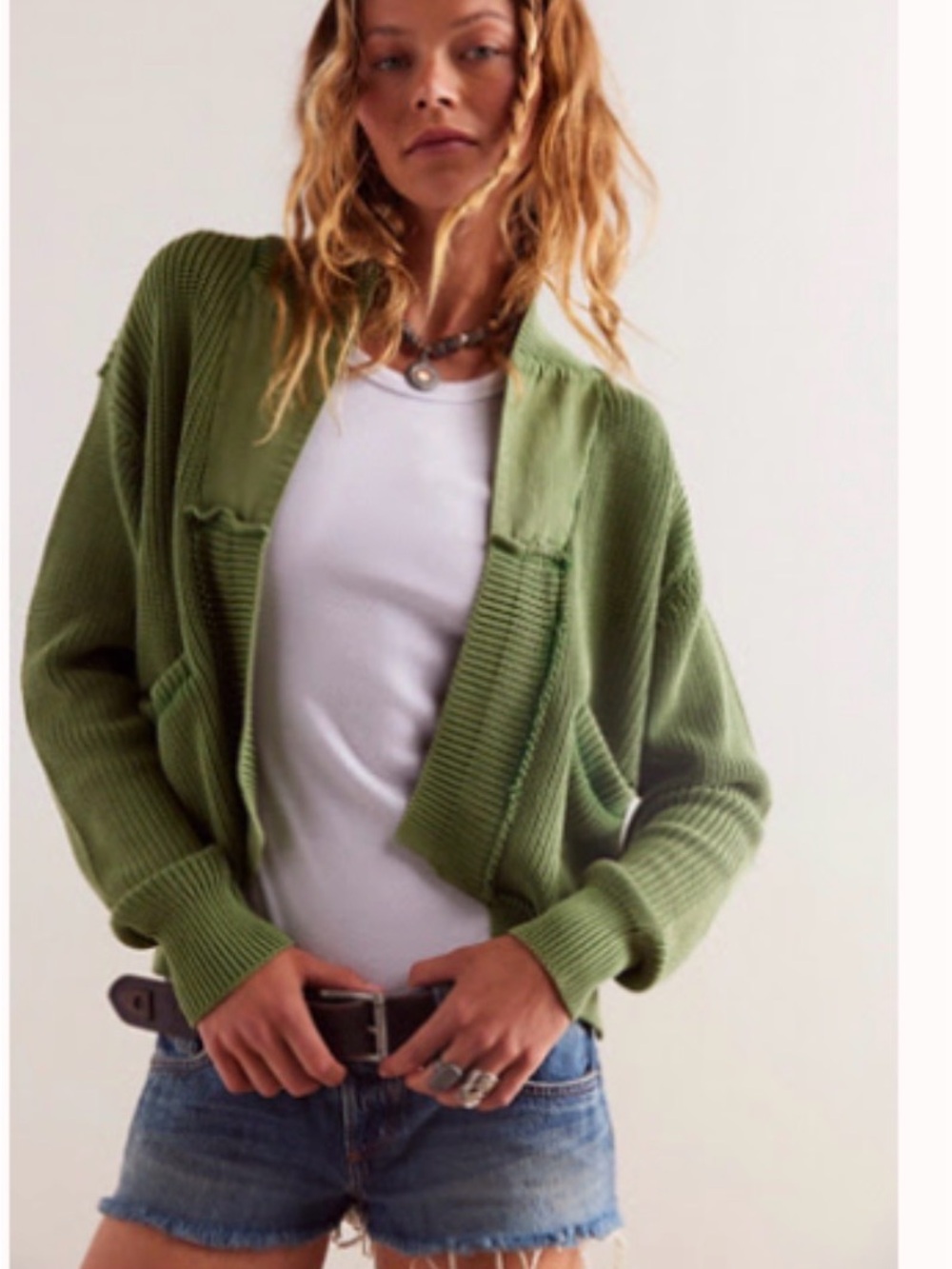 Free People Cropped Open-Front Cardigan in Olive